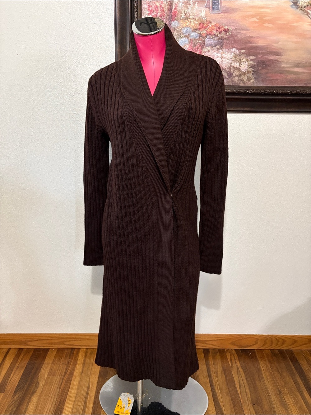 Theory 100% Wool Long Duster Cable Knit Wrap Cardigan Sweater Brown Women Large